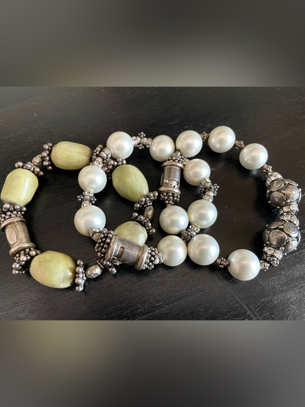 3 Vintage Robin Rocke Cultured Pearl & Green Quartz Heavy Silver Bracelets